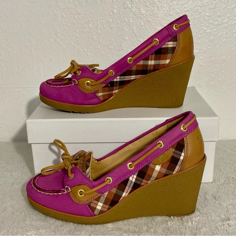 Sperry Top-Sider Goldfish Pink Tan Plaid Wedges Women’s Size 7.5M